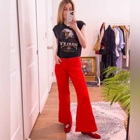 Vintage 70s red denim low rise wide leg flare disco retro bell bottom jeans 30 - Picture 1 of 10